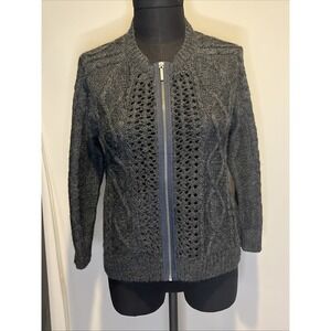 DKNY Women's Charcoal Gray Full Zip Sweater Open-Knit Cable Style Medium